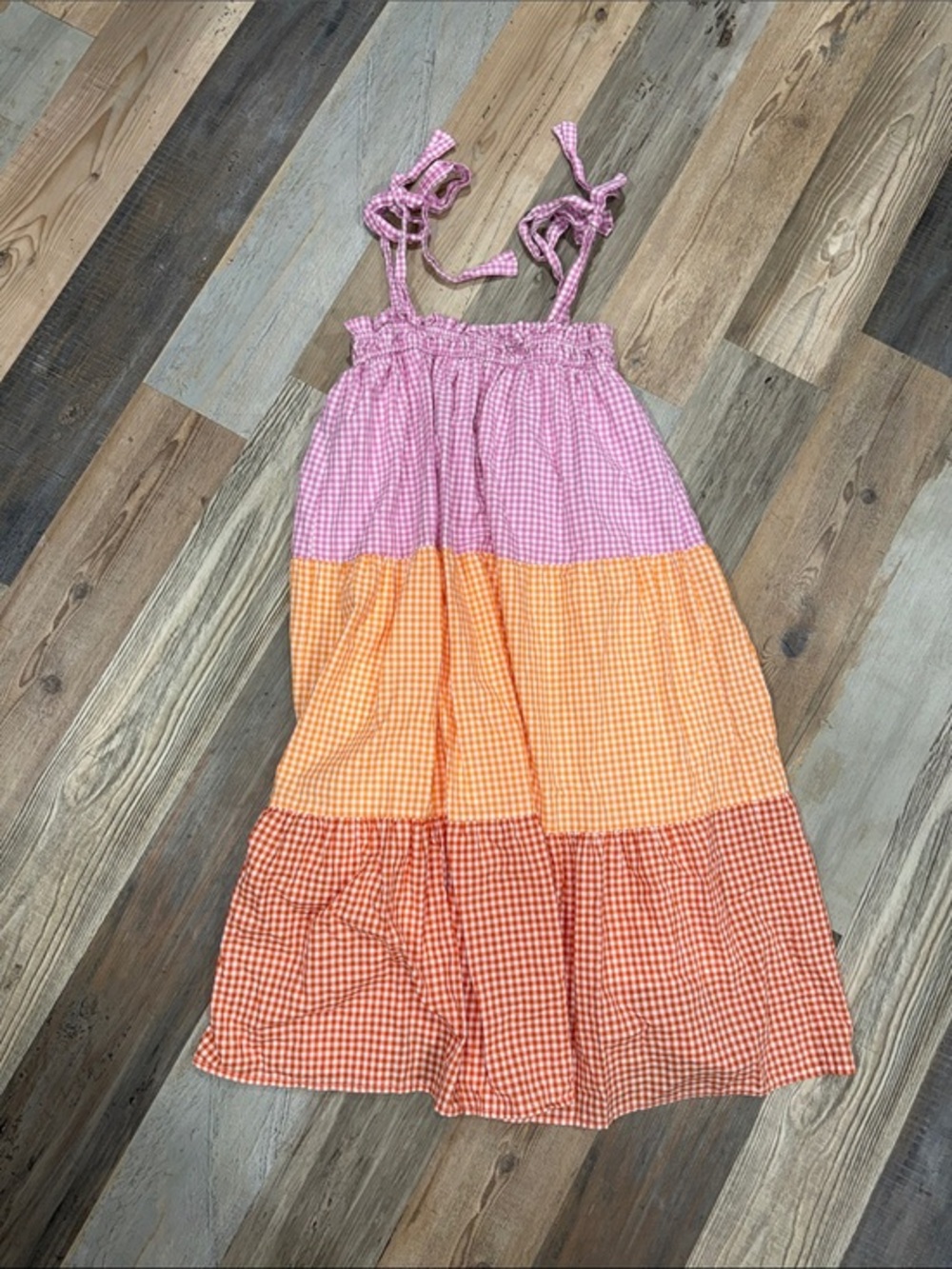 Gingham Tie-Shoulder Tiered Sundress in Pink and Orange